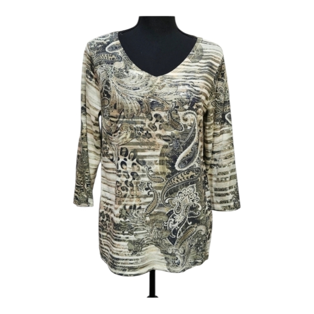 Chico's Tribal Paisley Rhinestone 3/4 Sleeve Casual Knit Top Size 1 M/8